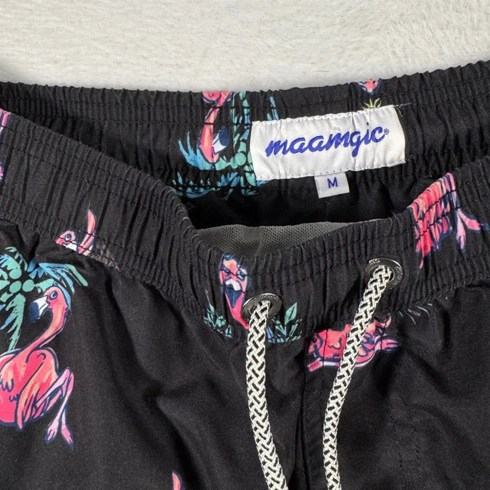 Maamgic Swim Trunks Mens Medium Black Yoga Flamingo Print Excellent Board Shorts